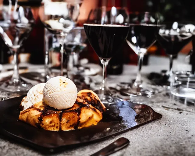 Prompt: 8 5 mm food photography of a plate full of grilled ice cream at restaurant with dof and bokeh and wine glasses o