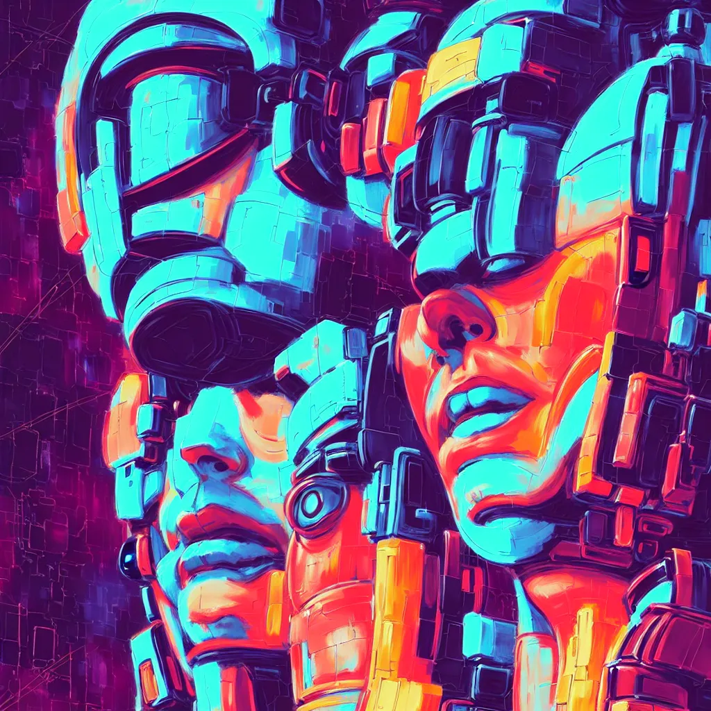 Image similar to a graph - style gouache impasto huge robot head in front of her, cyberpunk art by by james gilleard, cgsociety, retrofuturism, synthwave, retrowave, outrun