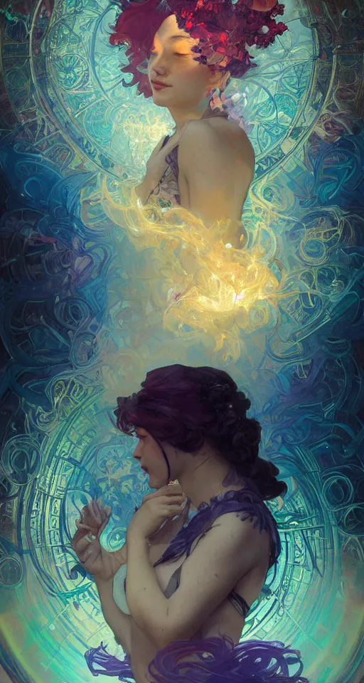 Image similar to she dreams of arcs of purple flame intertwined with glowing sparks, glinting particles of ice, dramatic lighting, steampunk, bright neon, secret holographic cyphers, red flowers, solar flares, high contrast, smooth, sharp focus, intricate art by alphonse mucha and greg rutkowski and ruan jia