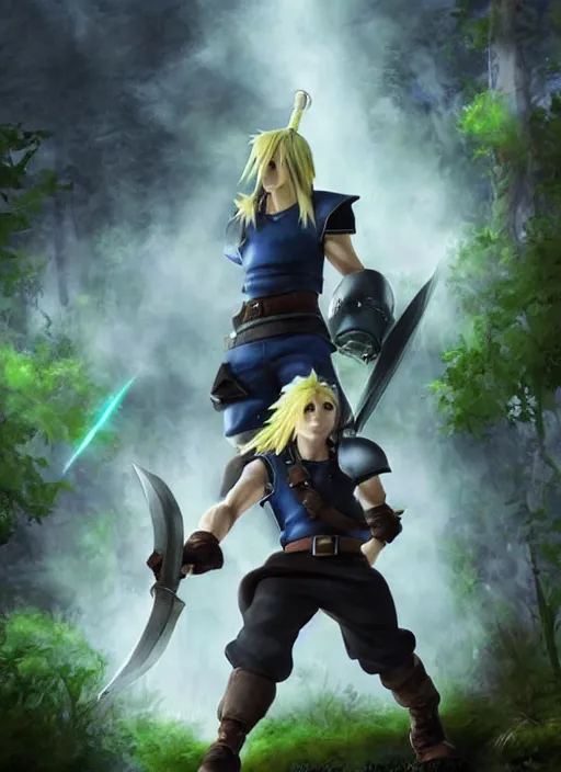 Image similar to cloud from final fantasy 7 and link from zelda fighting in the forest, fantasy, medieval, vivid colors, fantasy, elegant, concept art, sharp focus, beautiful face!!, digital art, hyper - realistic, 4 k, unreal engine, highly detailed, hd, dramatic lighting by brom, trending on artstation