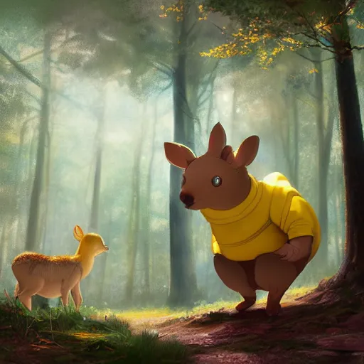 Prompt: concept art painting of an anthropomorphic chubby doe wearing yellow robes, in the deep forest, realistic, detailed, cel shaded, in the style of makoto shinkai and greg rutkowski and james gurney