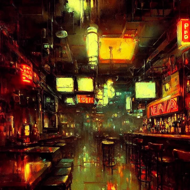 Image similar to neon bar interior by jeremy mann greg rutkowski beautiful detailed painting