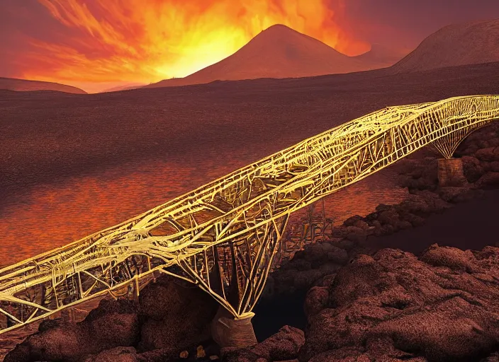 Image similar to An large iron bridge across a river of lava with a mountain range in the distance, digital art, golden hour, very detailed, dramatic