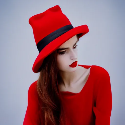 Image similar to beauty photographic portrait of half - length portrait of stunning girl in a red hat and black dress, kodak portra 4 0 0, 8 k, soft light, volumetric lighting, highly detailed,,