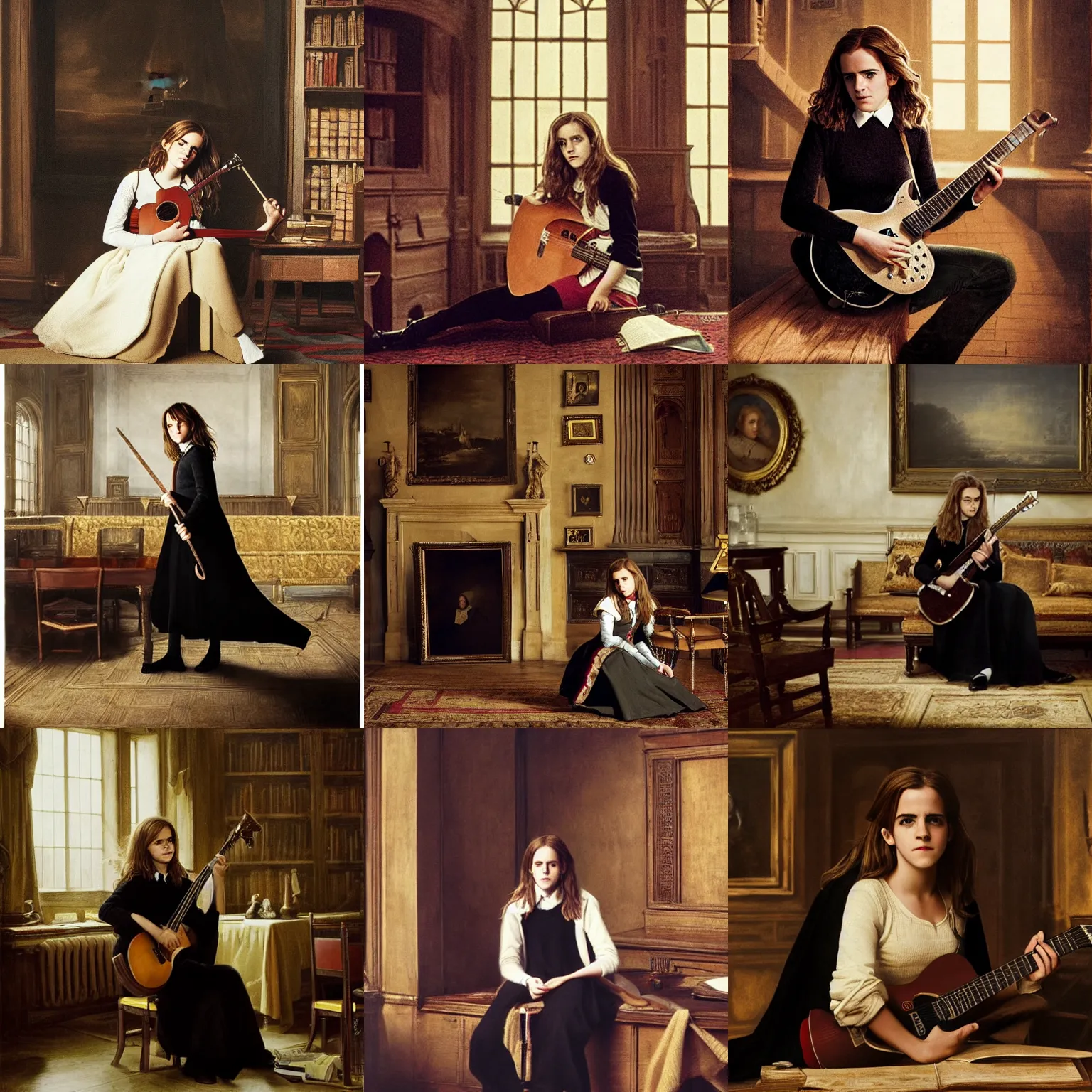 Prompt: Hermione Granger/Emma Watson wearing a black sweater, playing a guitar, in the Gryffindor common room, portrait photo by Canaletto