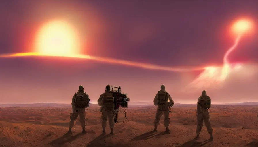 Image similar to troops on sand hill watching nuclear explosion on las vegas in the distance, nuclear cloud, hyperdetailed, artstation, cgsociety, 8 k