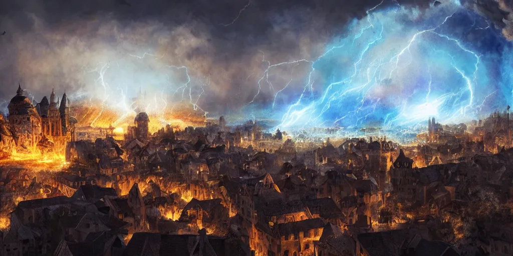 Prompt: A medieval city being destroyed by a meteorite, meteorite surrounded by blue flame, highly detailed, 4k, digital art, trending on artstation, the skies are covered by dark clouds, magic energy in the sky, lightning