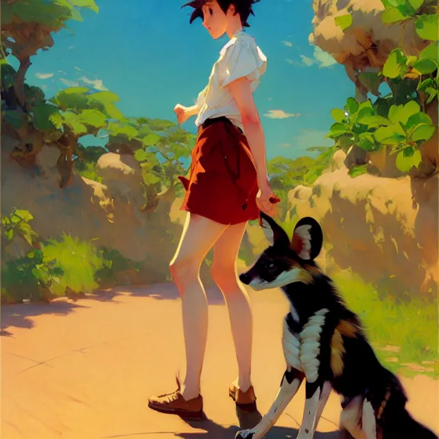 Image similar to a female character inspired by an african wild dog, short hair, basic background, krenz cushart, mucha, ghibli, by joaquin sorolla rhads leyendecker, by ohara koson