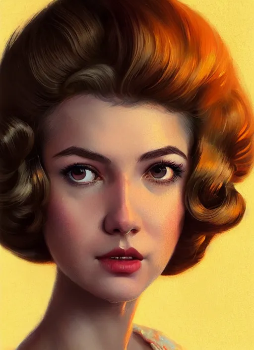 Image similar to portrait of betty cooper with fluffy bangs, bangs, 1 9 6 0 s, ponytail, curly bangs and ponytail, rounder face, intricate, elegant, glowing lights, highly detailed, digital painting, artstation, concept art, smooth, sharp focus, illustration, art by wlop, mars ravelo and greg rutkowski