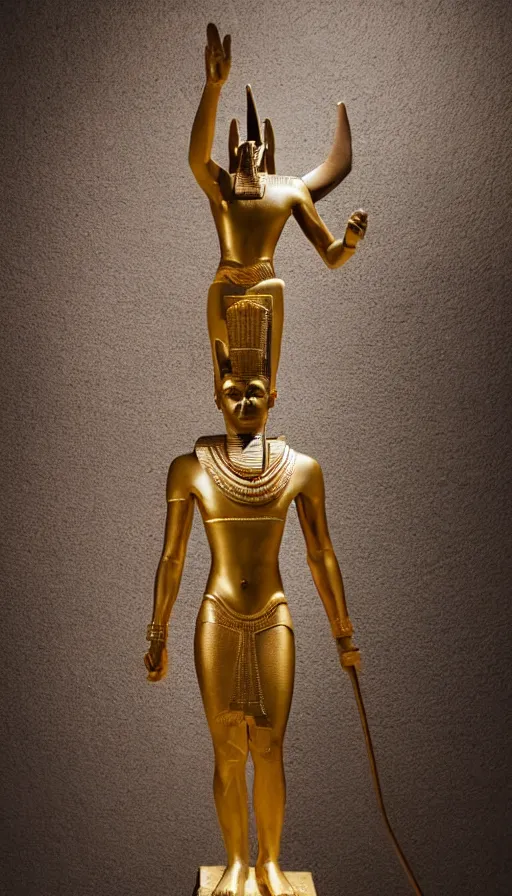 Prompt: a portrait of a statue of the Egyptian god Anubis wearing a gold-rimmed toga. Dark cavern is in the background. Key lighting 8K dslr photograph