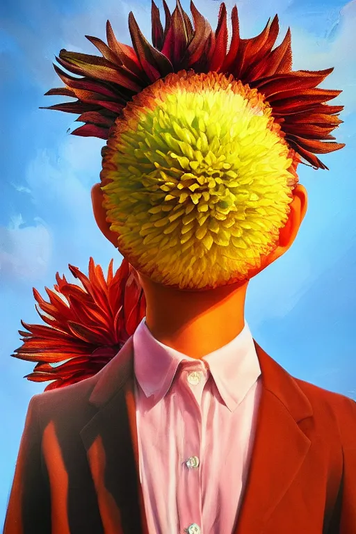 Image similar to closeup giant dahlia flower head, girl in a suit, street, surreal photography, blue sky, sunrise, dramatic light, impressionist painting, digital painting, artstation, simon stalenhag