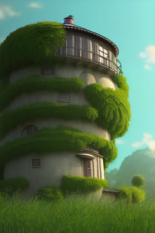 Image similar to cylindrical house, solarpunk, studio ghibli, jean - baptiste monge, octane render, 4 k