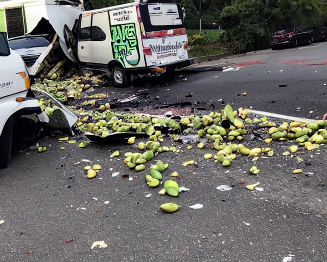 Image similar to photo of an avocado truck accident that overturned and spilled tons of avocados on the floor that people are picking up