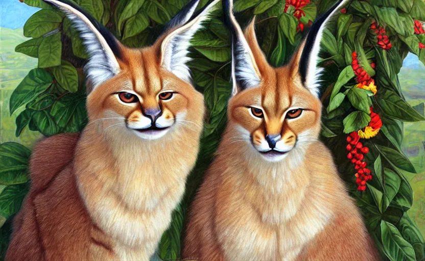 Image similar to fullbody portrait of cute fluffy caracal with laurel wreath on his head, chaplet on head, illustration, high detail, francine van hove