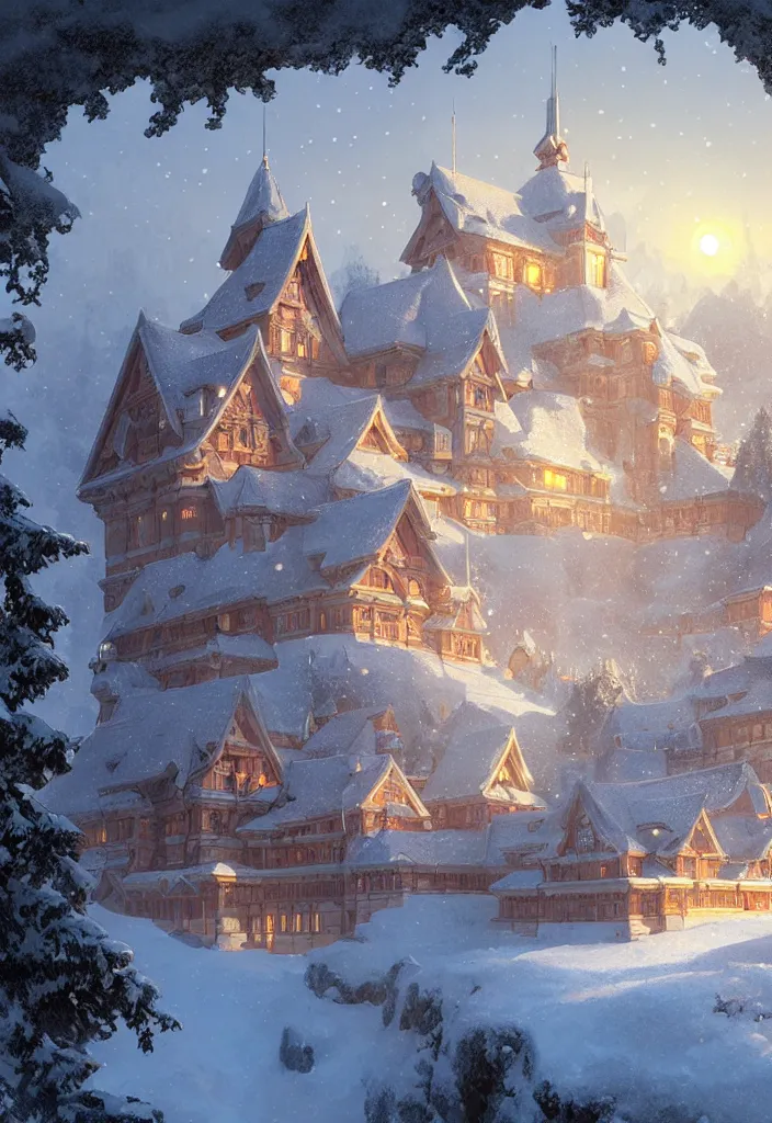 Prompt: panoramic shot of a beautifu ancient castle, eye fire, snow glow, snowfall, highly detailed, digital painting, artstation, sharp focus, illustration, art by tan zi and ayanamikodon and alphonse mucha and wlop