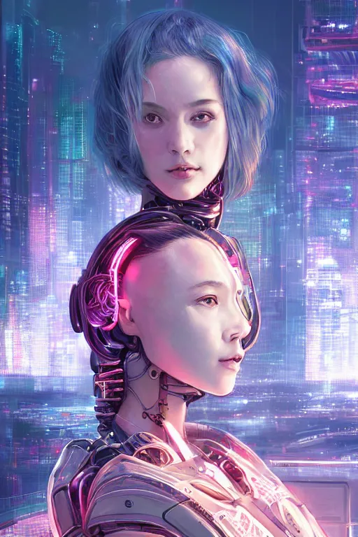 Prompt: portrait futuristic Cyber warrior Girl, in future cyberpunk tokyo rooftop , ssci-fi, fantasy, intricate, very very beautiful, elegant, neon light, highly detailed, digital painting, artstation, concept art, smooth, sharp focus, illustration, art by WLOP and tian zi and alphonse mucha