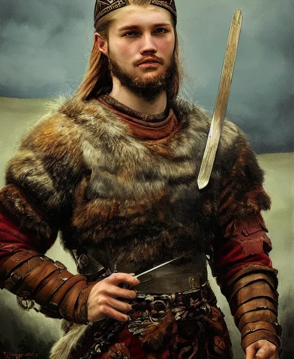 Prompt: portrait of a handsome young viking warrior, art by denys tsiperko and bogdan rezunenko and franz xaver kosler, hyperrealism