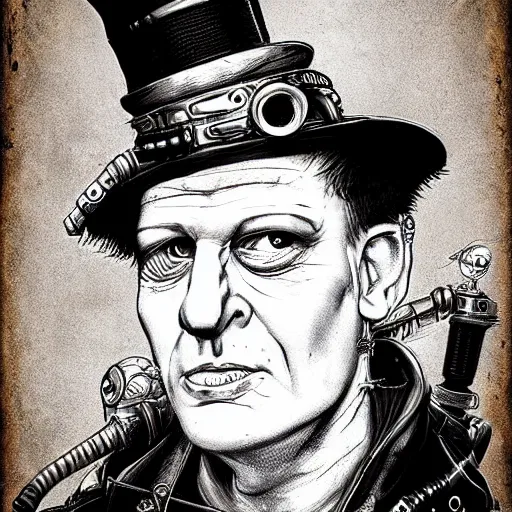 Image similar to portrait of herman brood, steampunk art, fantasy style, super high detail, super high quality, talented artist, trending on artstation, machinarium