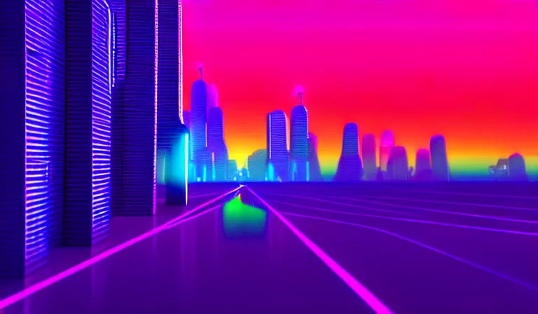Prompt: a beautiful and immaculate futuristic city night time, neon colors. vaporwave ombre rendering. trending on artstation. recommended for you behance. by chris moore. by edward hopper. beeple colors. metropolis filmic.