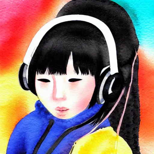 Image similar to cute Chinese young woman with headphones and a yellow backpack in New York, she has a cat, highly detailed watercolor painting