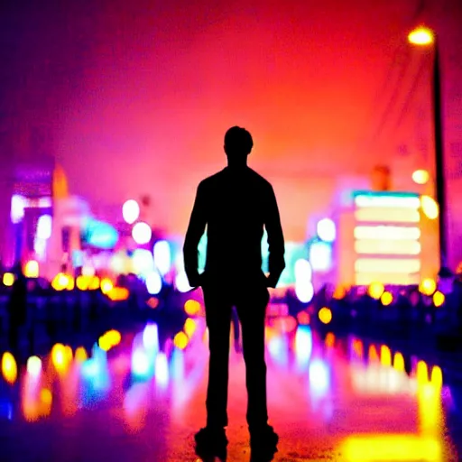 Prompt: one man silhouette standing in front of a cyberperunk city, neon lights, night, very beautiful, trending on deviantart, movie still, bokeh