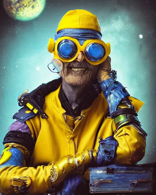 Prompt: an intimate portrait of a gnarly human cyberpunk captain, old skin, faded hat, charming, strong leader, blue goggles, a look of cunning, big smile, detailed matte fantasy painting, the planets and night war rages behind him, yellow and blue and cyan