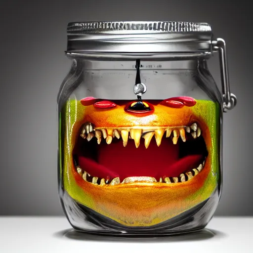 Image similar to Evil monster in a jar by John Howe, product photography, centered, studio lightning