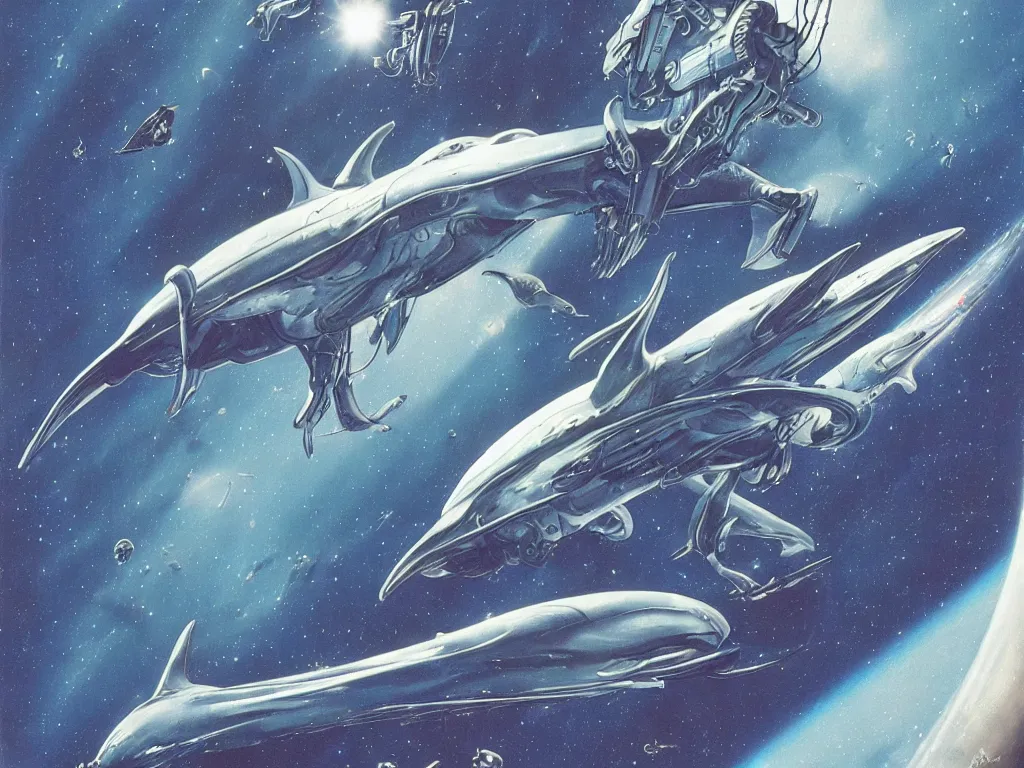 Prompt: A futuristic space dolphin, flying in deep space, the Starship Enterprise in the background, by Moebius and HR Giger