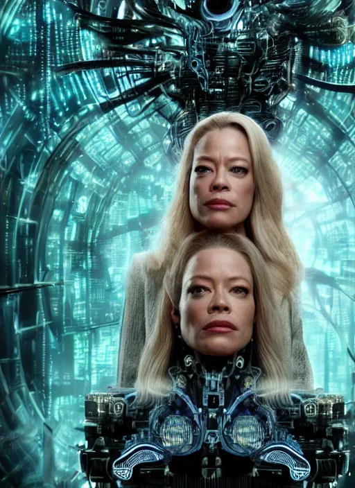 Prompt: 35mm portrait of an intricate and sophisticated borg with the face of Jeri Ryan , on the background of a weird magical mechanical forest. Round gears visible inside her hear. Very detailed 8k. Fantasy cyberpunk horror. Sharp. Cinematic post-processing