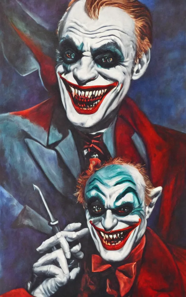 Image similar to portrait of conrad veidt the man who laughs joker grin, award winning oil painting, sharp color palette