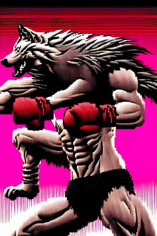 Image similar to extreme long shot. 8 bit nes graphics. antropomorphic muscular masculine wolf. kickboxer fighter, in shorts. wolf head. fine details, very sharp, art from nes game cartridge, 8 0's, vhs artefacts, vaporwave style, marc simonetti and hermann nitsch. kung fury movie