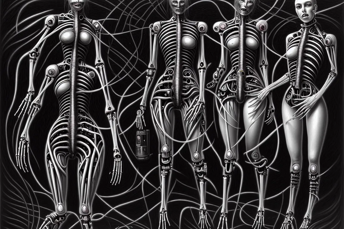 Image similar to A nightmarish dreamscape of two interconnected biomechanical android woman with surreal physiology, high details, surrealism, monochromatic airbrush painting, style of H. R. Giger