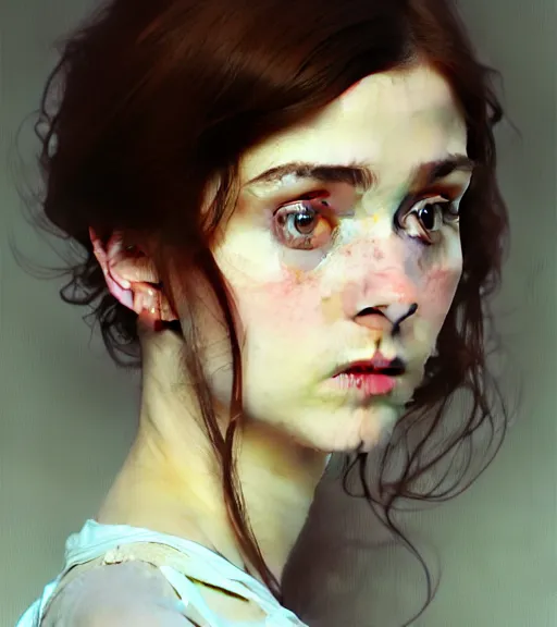 Prompt: portrait of a welsh teenage girl with brown hair, glowing skin, delicate features, amelie poulain, fantasy, small mouth, quiet beauty, intricate, elegant, dress shirt, highly detailed, digital painting, artstation, concept art, smooth, sharp focus, illustration, art by Krenz Cushart and Artem Demura and alphonse mucha