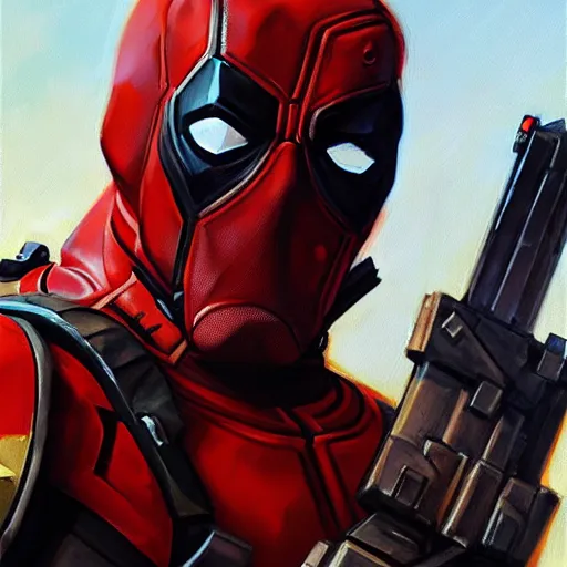 Image similar to greg manchess portrait painting of armored deadpool as overwatch character, medium shot, asymmetrical, profile picture, organic painting, sunny day, matte painting, bold shapes, hard edges, street art, trending on artstation, by huang guangjian and gil elvgren and sachin teng