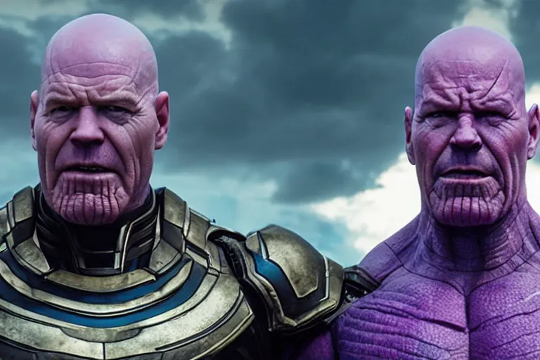 Image similar to promotional image of bald Bryan Cranston as Thanos in Avengers: Endgame (2019), purple skin color, dynamic action shot, laughing, movie still frame, promotional image, imax 70 mm footage
