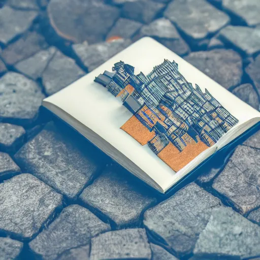 Prompt: open paperback book with a miniature city coming out of the pages, dslr tilt shift