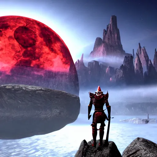 Image similar to photo realistic dovahkiin standing on a mountain wearing daedric armor with an eerie blood red eclipse in the background