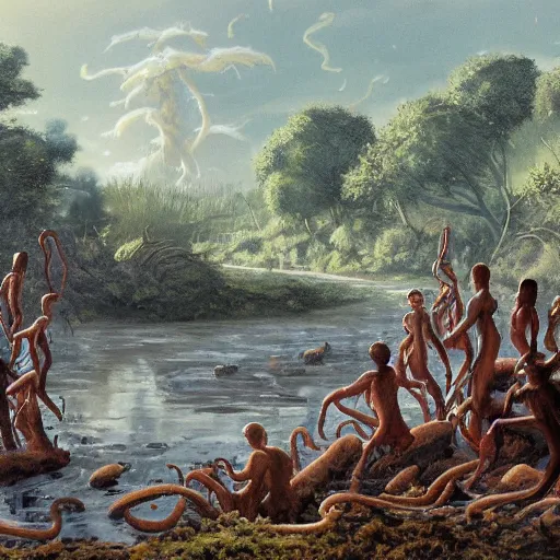 Image similar to a cinematic painting of alien tentacles emerging from the water of a river, hoards of people are gathering around the riverbed, fire blowing the leaves from the trees