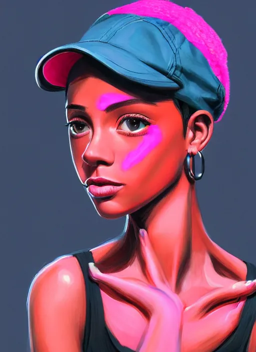 Image similar to portrait of teenage vanessa morgan with bright pink hair, black girl, curly pixie cut hair, wearing newsboy cap, pink short haircut, newsboy cap, hoop earrings, blue eyes, intricate, elegant, glowing lights, highly detailed, digital painting, artstation, concept art, smooth, sharp focus, illustration, art by wlop, mars ravelo and greg rutkowski