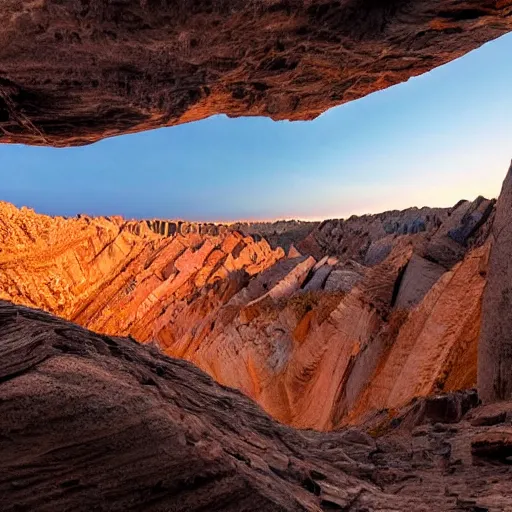 Image similar to bottom-up view from a huge deep multicoloured rock quarry in the evening light ultra detailed by National Geographic style, golden hour, atmospheric lighting, 8k resolution, best color graded, vray beautiful, hyper-realistic render W 1080 H 1080