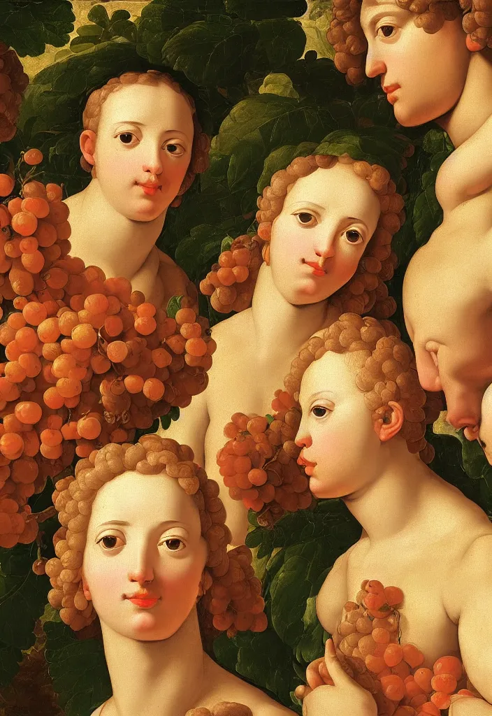 Image similar to men and women, closeup portrait, garden with fruits on trees, ultra detailed, liquid gold, Guido Reni style