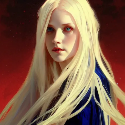 Image similar to portrait of a beautiful young fit girl vampire with long blonde hair and blue eyes, wearing a skirt, by greg rutkowski and alphonse mucha, d & d character, gradient white to red, modern nocturnal background, highly detailed portrait, digital painting, artstation, concept art, smooth, sharp focus ilustration, artstation hq