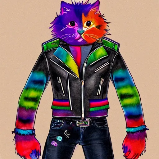 Prompt: wide angle full body, jacket wearing fluffy cute rainbow kitten wearing a black leather motorcycle jacket, concept art