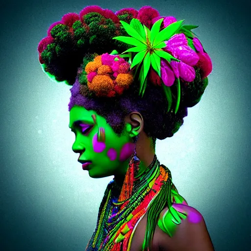 Prompt: a female african marijuanna! shaman with an afro made of flowers, third eye art art by machina infinitum, complexity from simplicity, rendered in octane, mandelbulb 3 d, ambient occlusion, macro photography, felt!!! texture, tribal, neon! retrowave