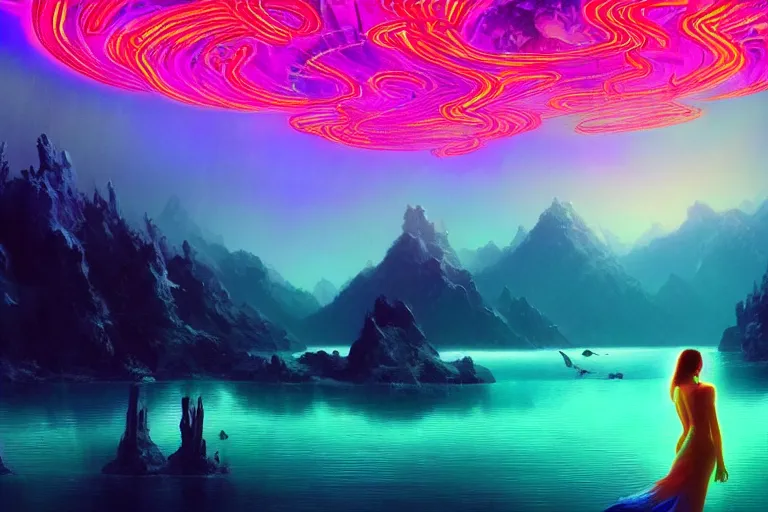 Image similar to wide ((wide)) photo of surreal beautiful beautiful woman (((dynamic neon lighting)) in chromatic dmt trippy lake with glowing birds, mountains, elegant, highly detailed, sharp focus, illustration, beautiful, geometric, trending on artstation, cinematic, artwork by Tran, Ross and Aivazovsky, Ivan