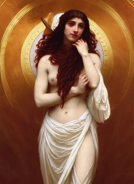Prompt: fully clothed cassandra the trojan prophetess, redgold hair, white peplos, greek mythology, william adolphe bouguereau, trending on artstation, character art, greek myth digital painting, concept art, smooth, sharp focus, illustration, art by artgerm and greg rutkowski, radiant light,