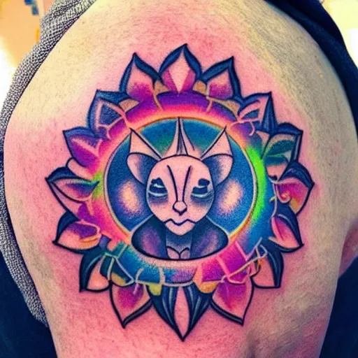 Prompt: shoulder tattoo of a meditating cute bush baby, eyes are sparkeling rainbow spirals, glowing multicolored chakra symbols, surrounded with colorful lotus leaves, insanely integrate