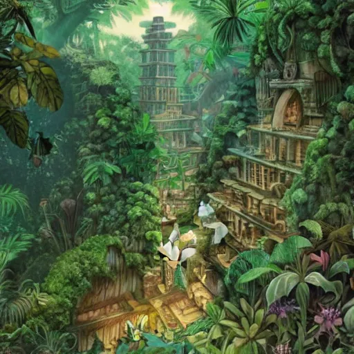 Prompt: a lost city in the jungle, super ornate and intricate, tiny details, cute, fairy style, studio ghibli, miyazaki,