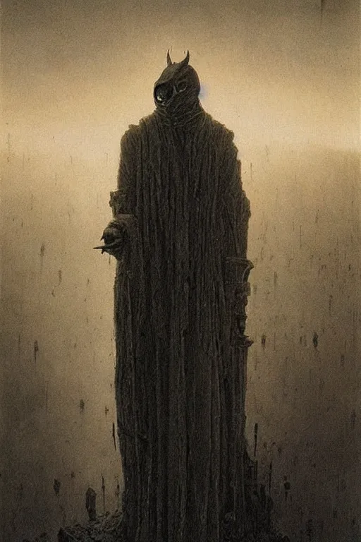 Image similar to plague doctor from iron gridle but human form, destroyed city and flames by zdzislaw beksinski