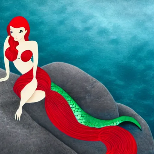 Image similar to elegant mermaid lady on a rock in the ocean, green and blue scales, red hair